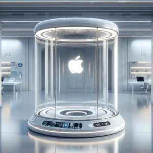 A futuristic Apple Teleport Machine Apple products. The machine is a large, cylindrical